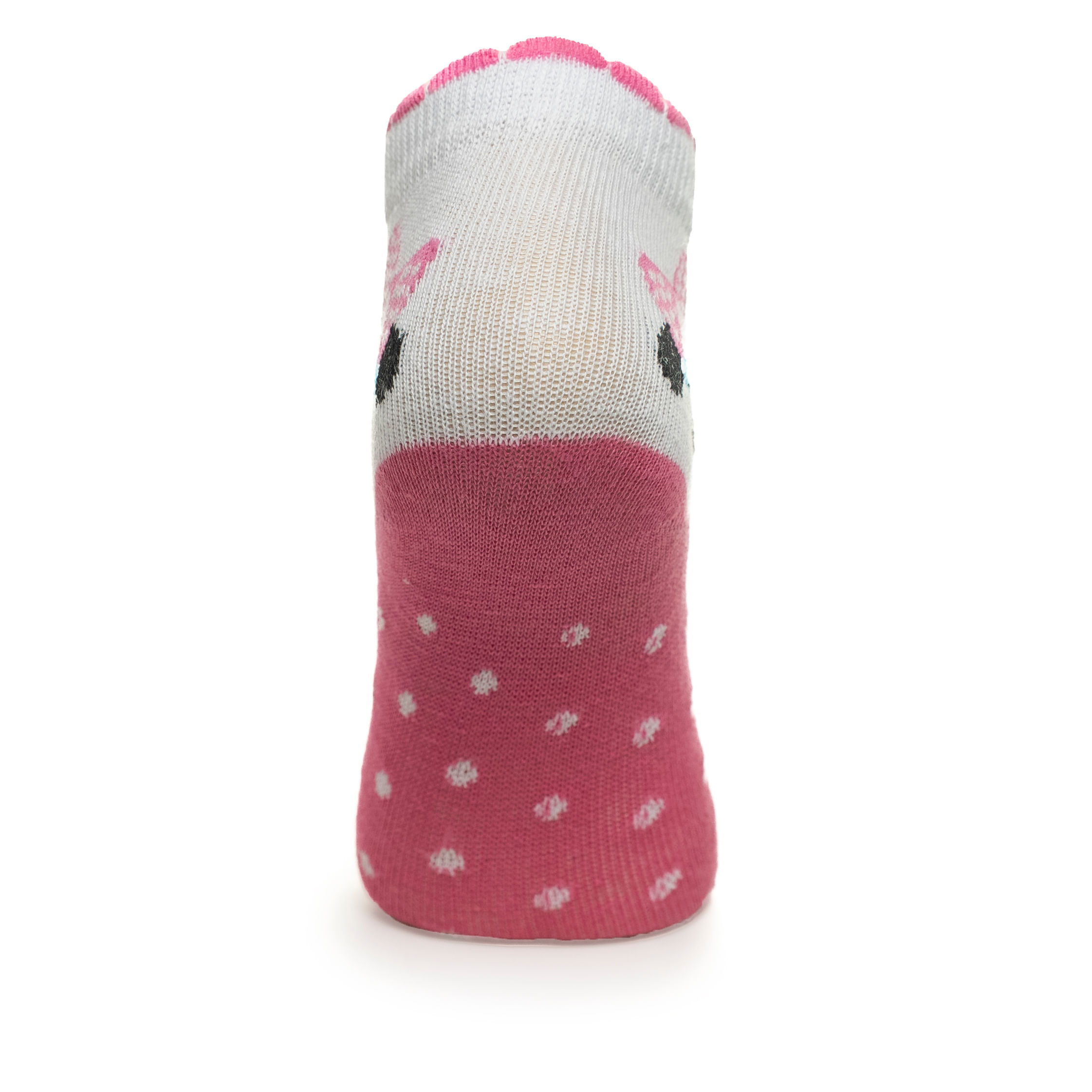Vista traseira da meia infantil Done Head rosa com detalhes em rosa e estampa de cachorro